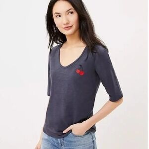 LOFT Vintage Soft Cherry Embroidered Scoop Neck Cotton Tee Navy Knit Size L